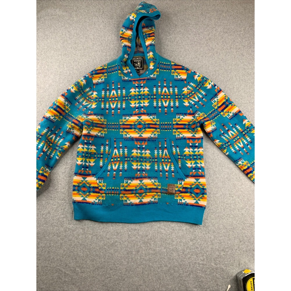 Pendleton Wrangler Hoodie Mens Small Turquoise‎ Southwestern Knit Pullover frm